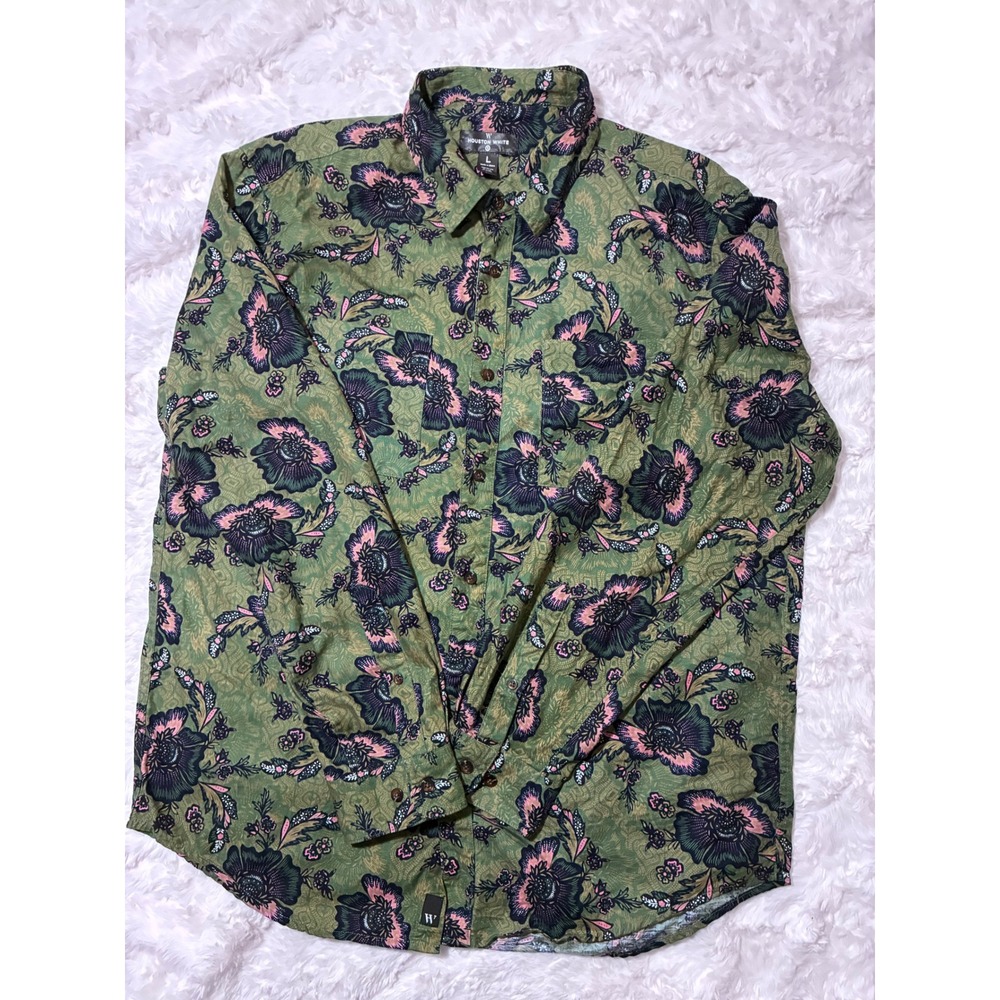 Houston White Mens Large Hawaiian Button Down Shirt Green Long Sleeve Cotton